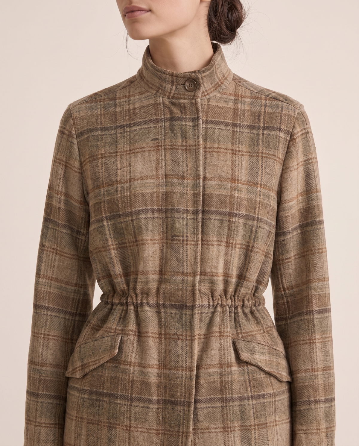 Vintage Plaid Waist-Cinched Jacket — collar and cinched waist, worn