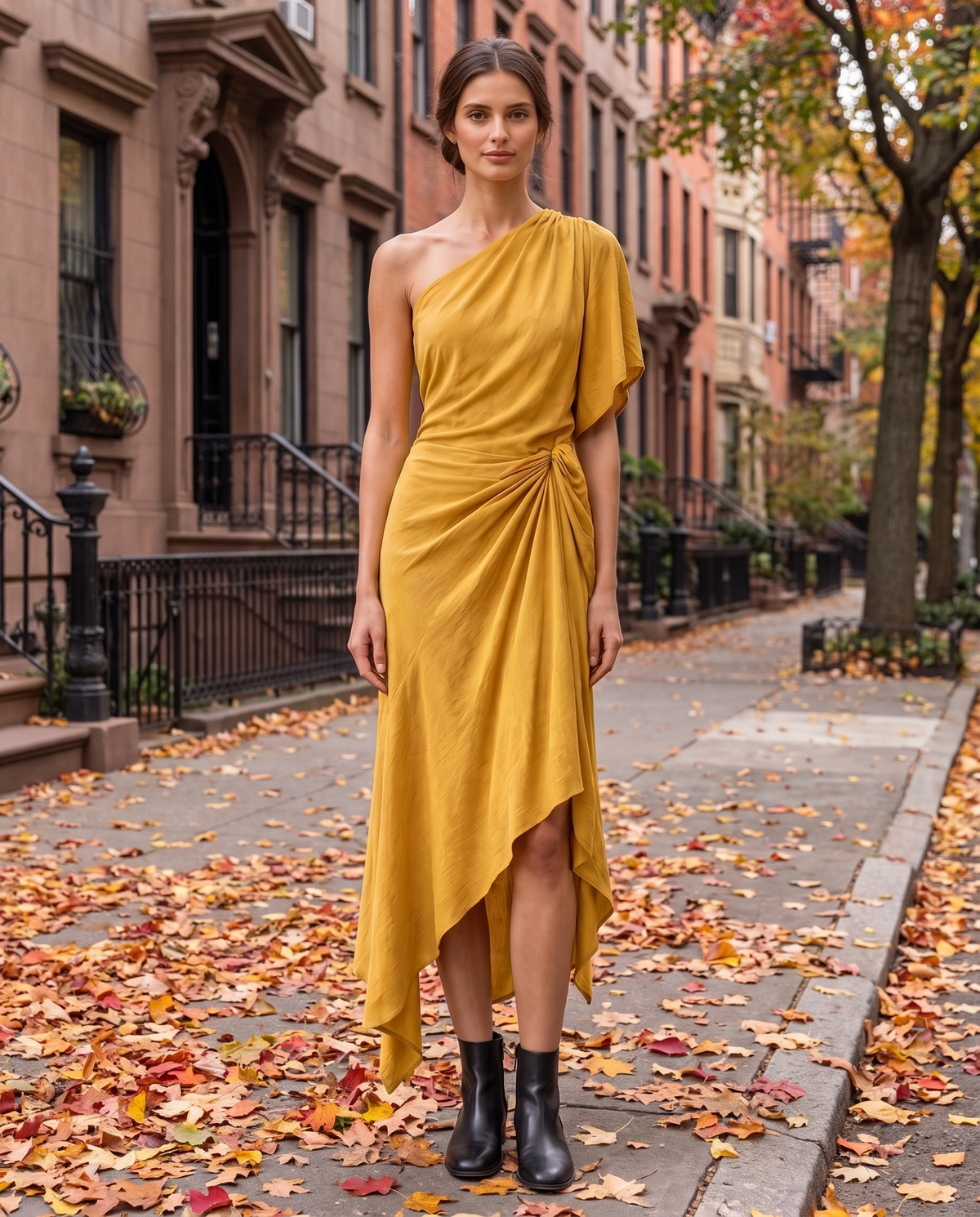 Tidewater Chic One-Shoulder Asymmetrical Hem Dress — worn on a New York street in autumn