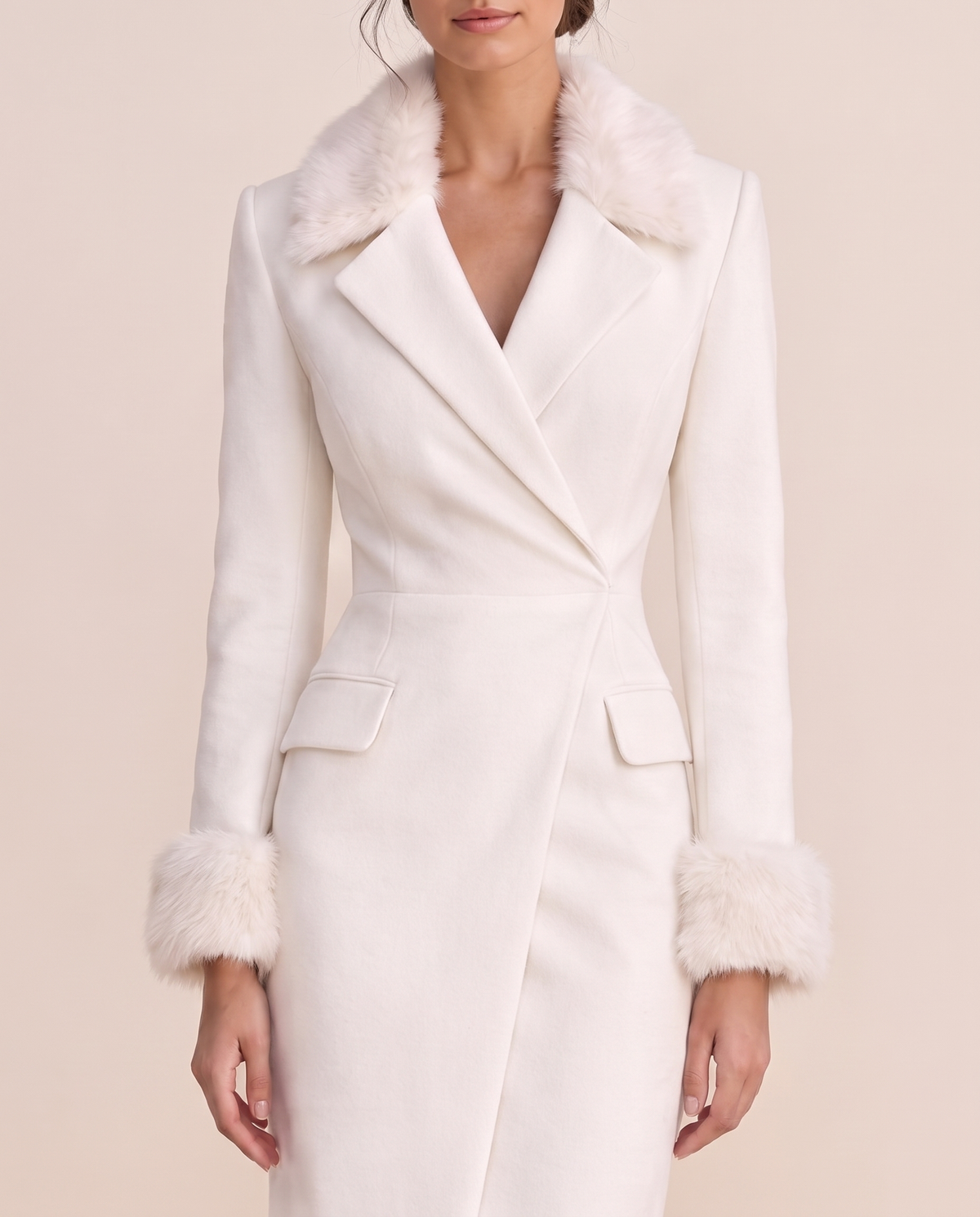 Zermatt Tailored Wrap-Front Faux Fur Trim Midi Dress — fur collar and wrap front detail