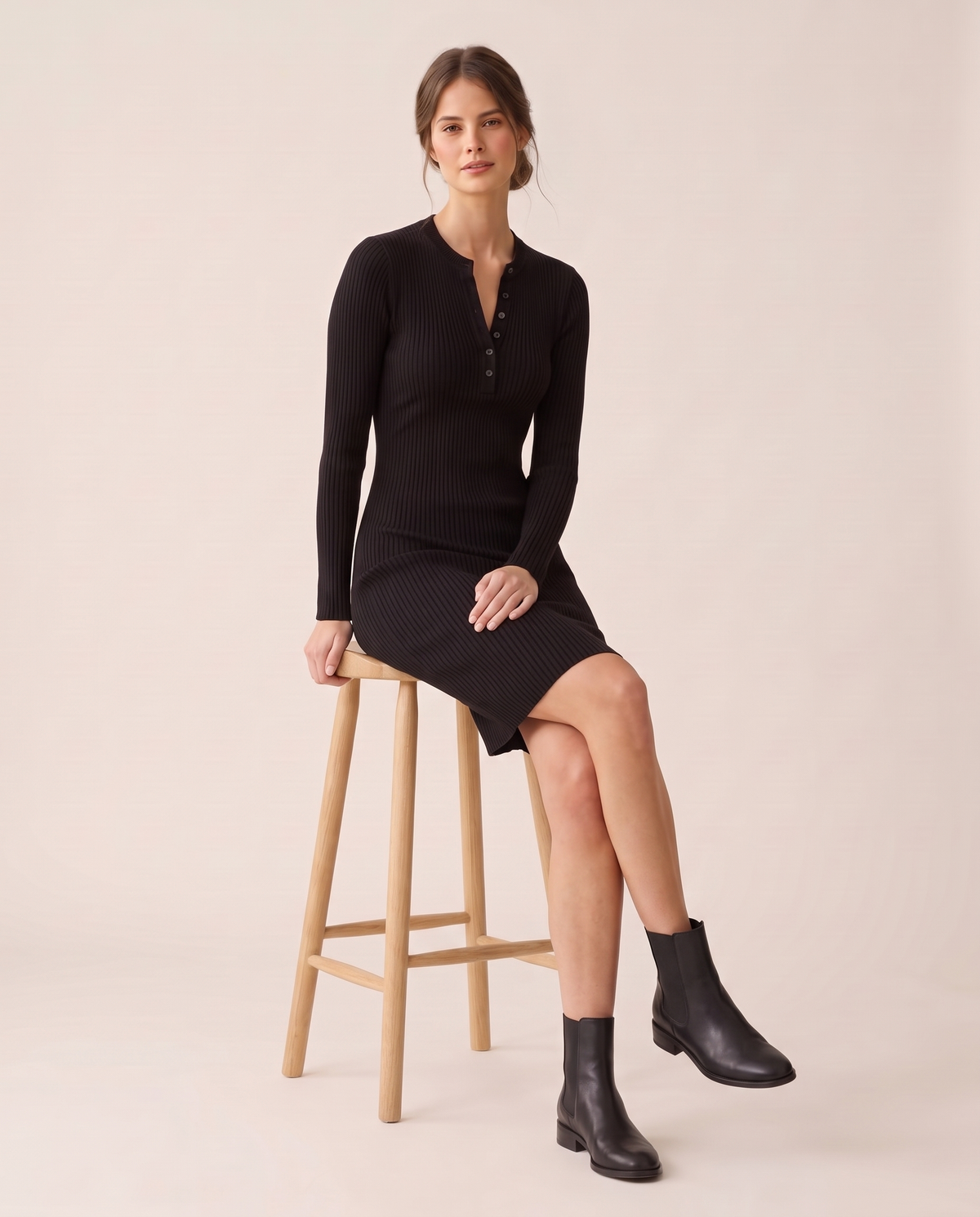 Alpine Cozy Ribbed Knit Sweater Dress — worn seated