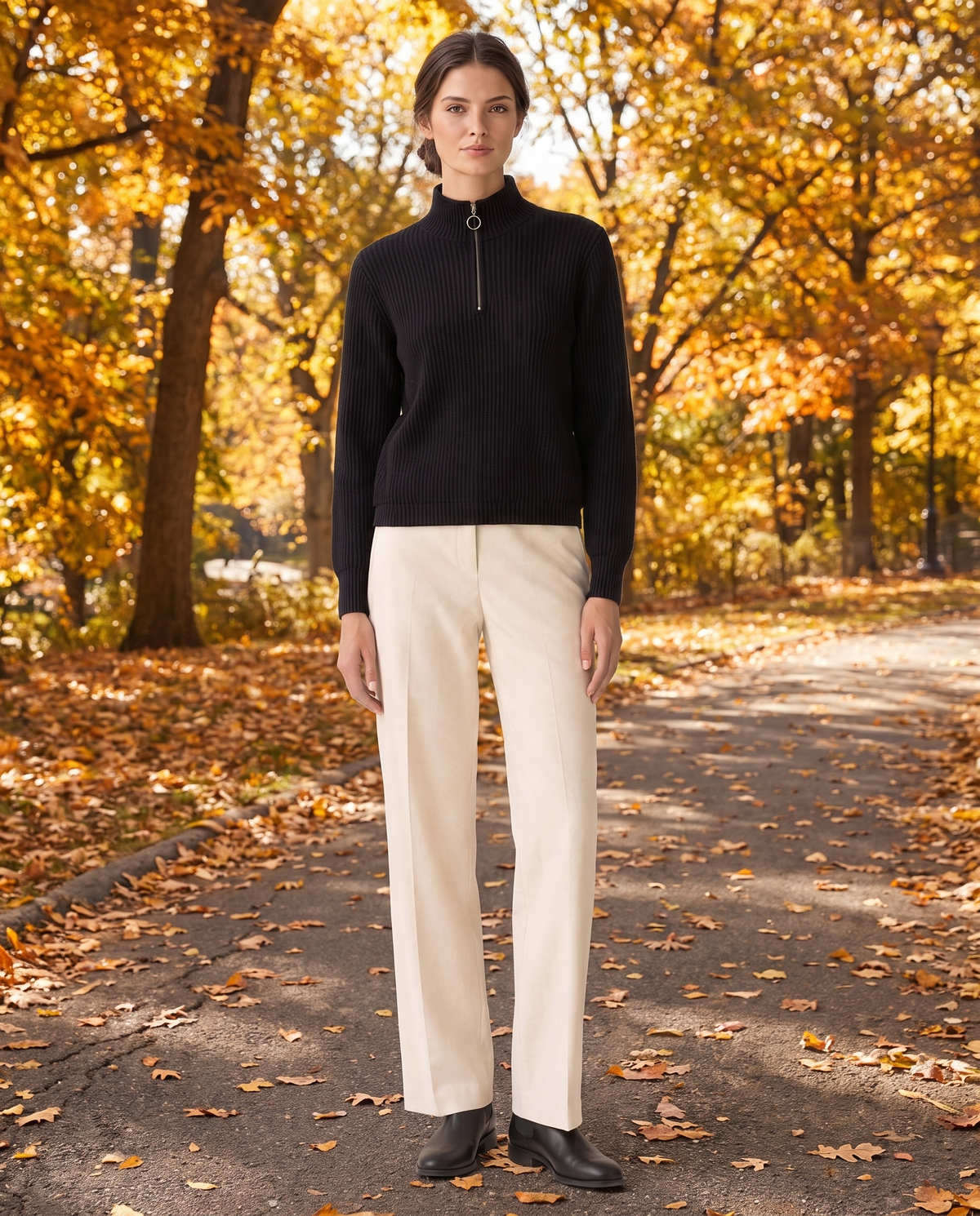 Kestrel Sleek Ribbed Half-Zip Mock Neck Sweater — worn in Central Park in autumn