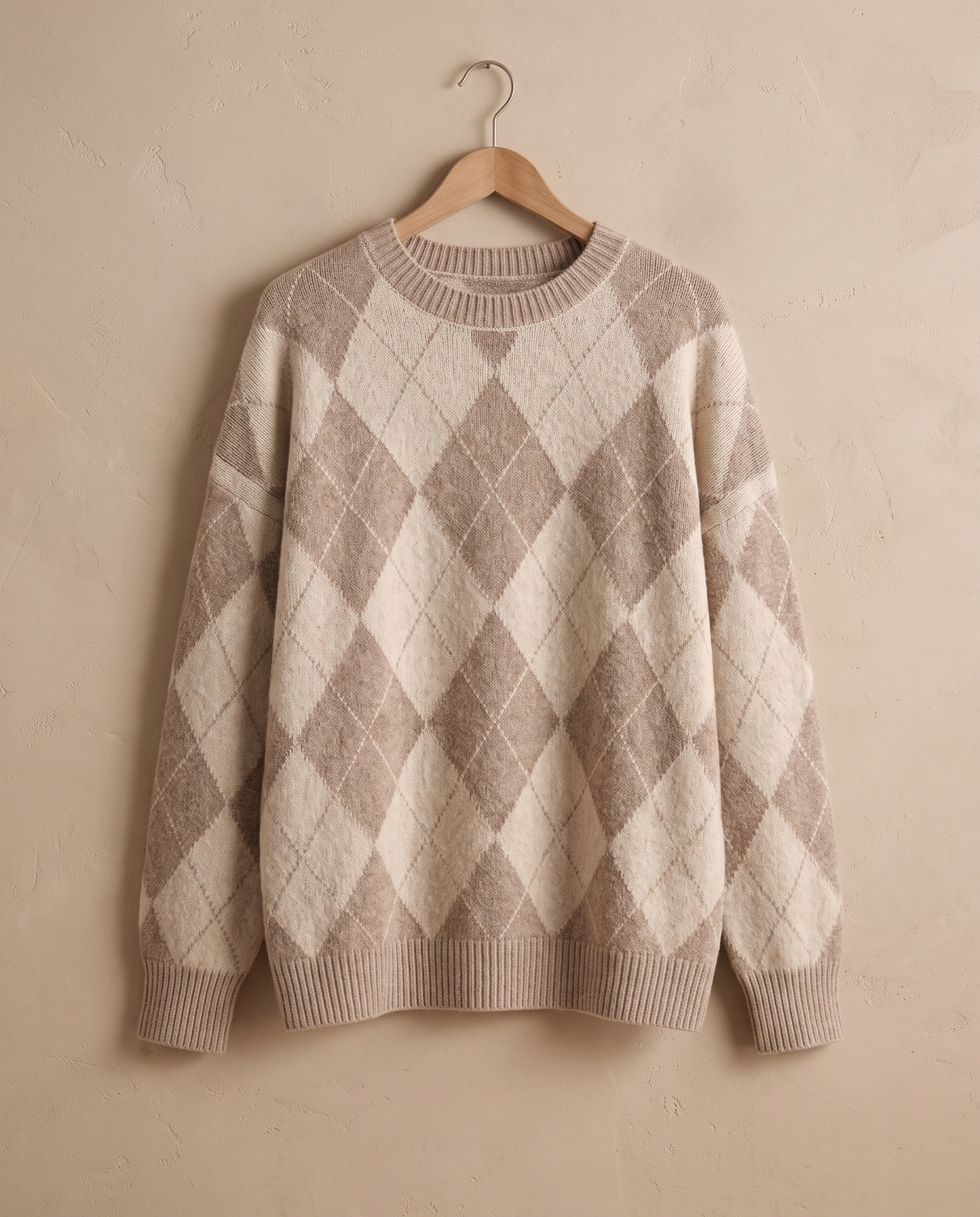 Lantern Oversized Argyle Drop-Shoulder Crew Neck Sweater — argyle and neckline detail