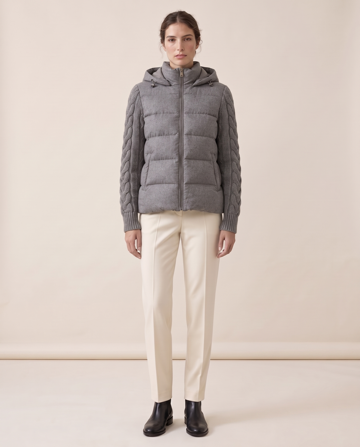 Down Puffer Jacket with Cable-Knit Sleeves — grey, studio front