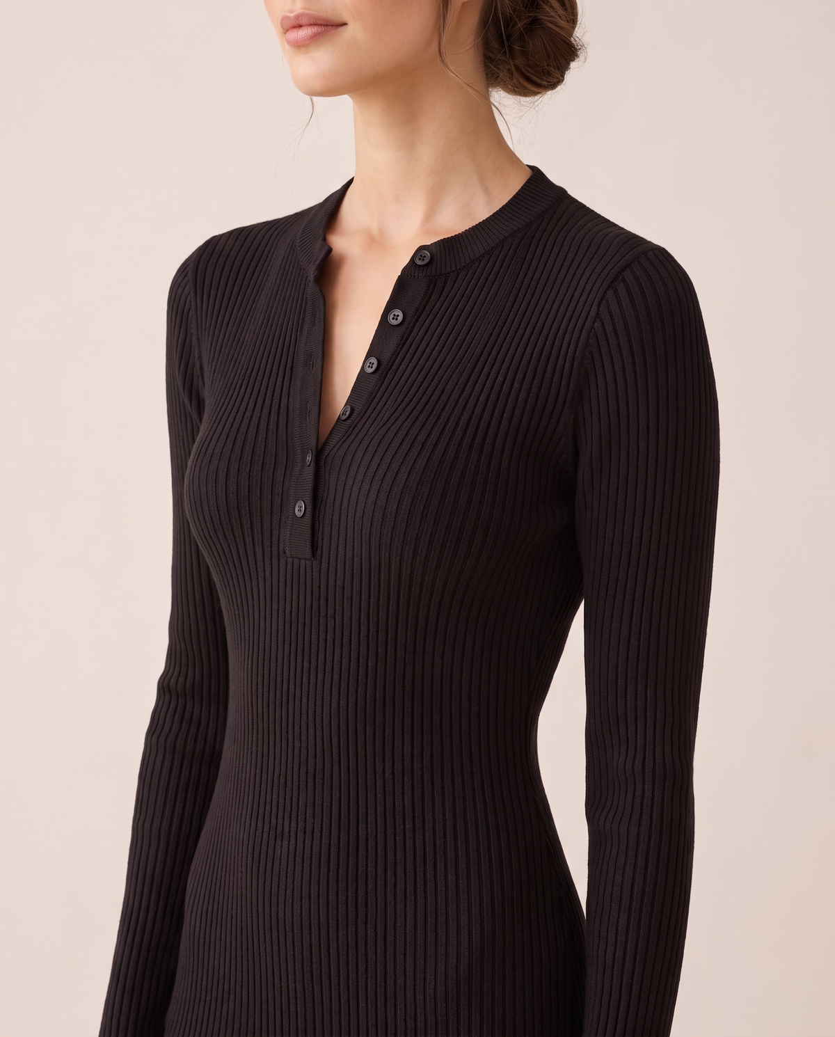 Alpine Cozy Ribbed Knit Sweater Dress — henley neckline and buttons, worn