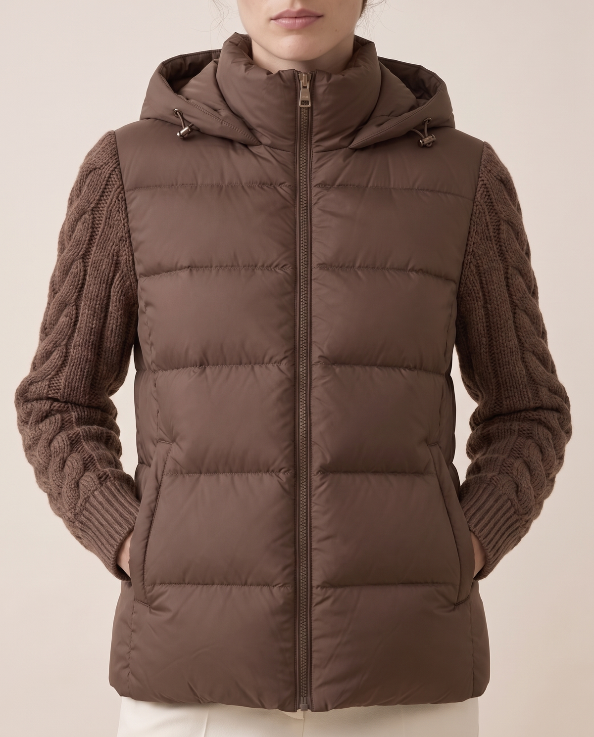 Down Puffer Jacket with Cable-Knit Sleeves — baffles and knit sleeves, worn