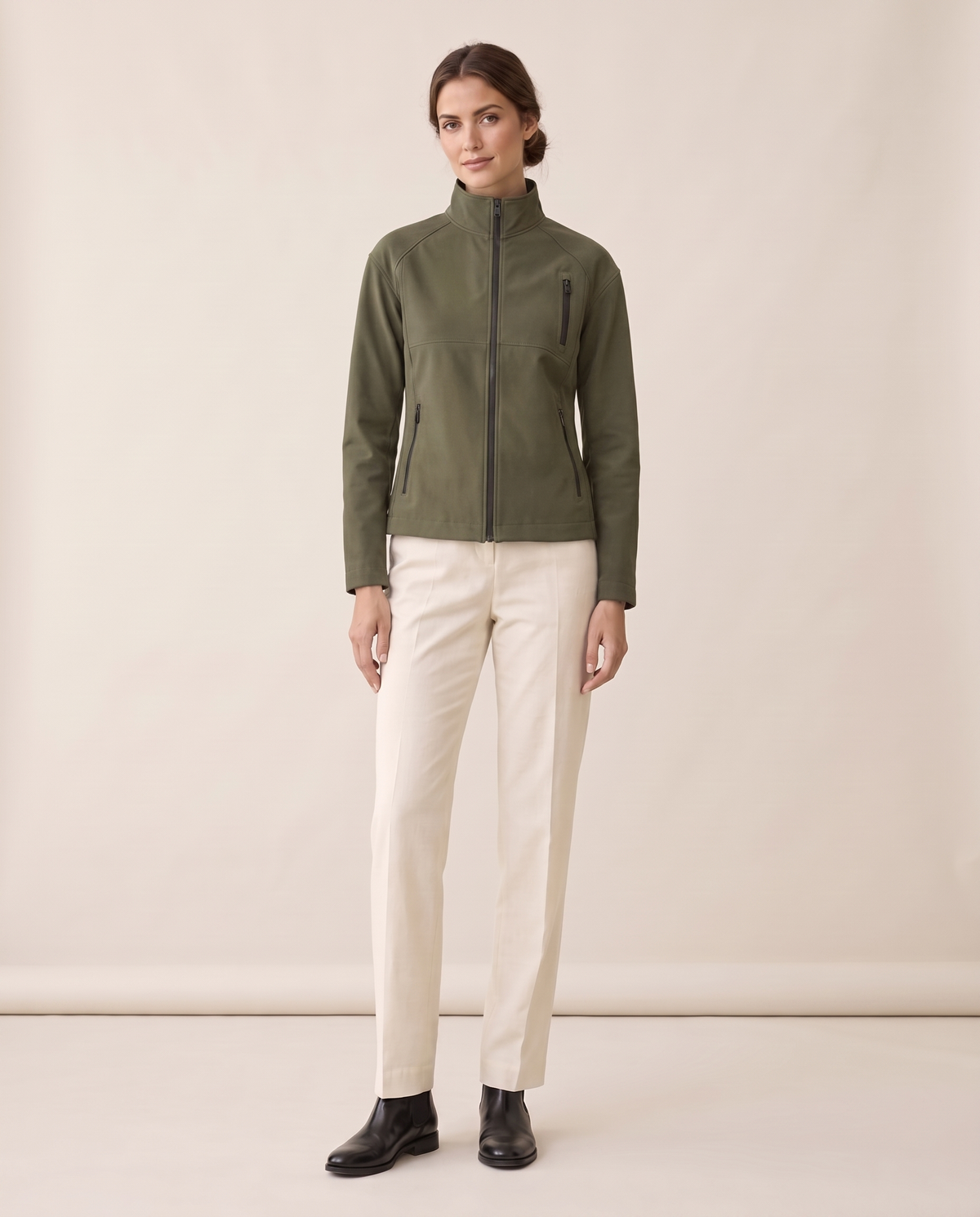 Stand-Collar Zip Jacket for Women — olive, studio front
