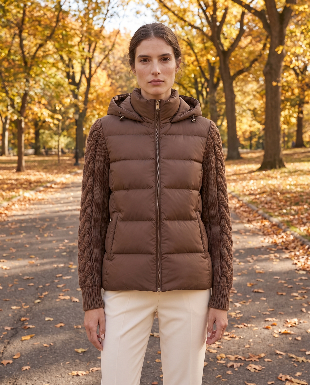 Down Puffer Jacket with Cable-Knit Sleeves — worn in Central Park in autumn