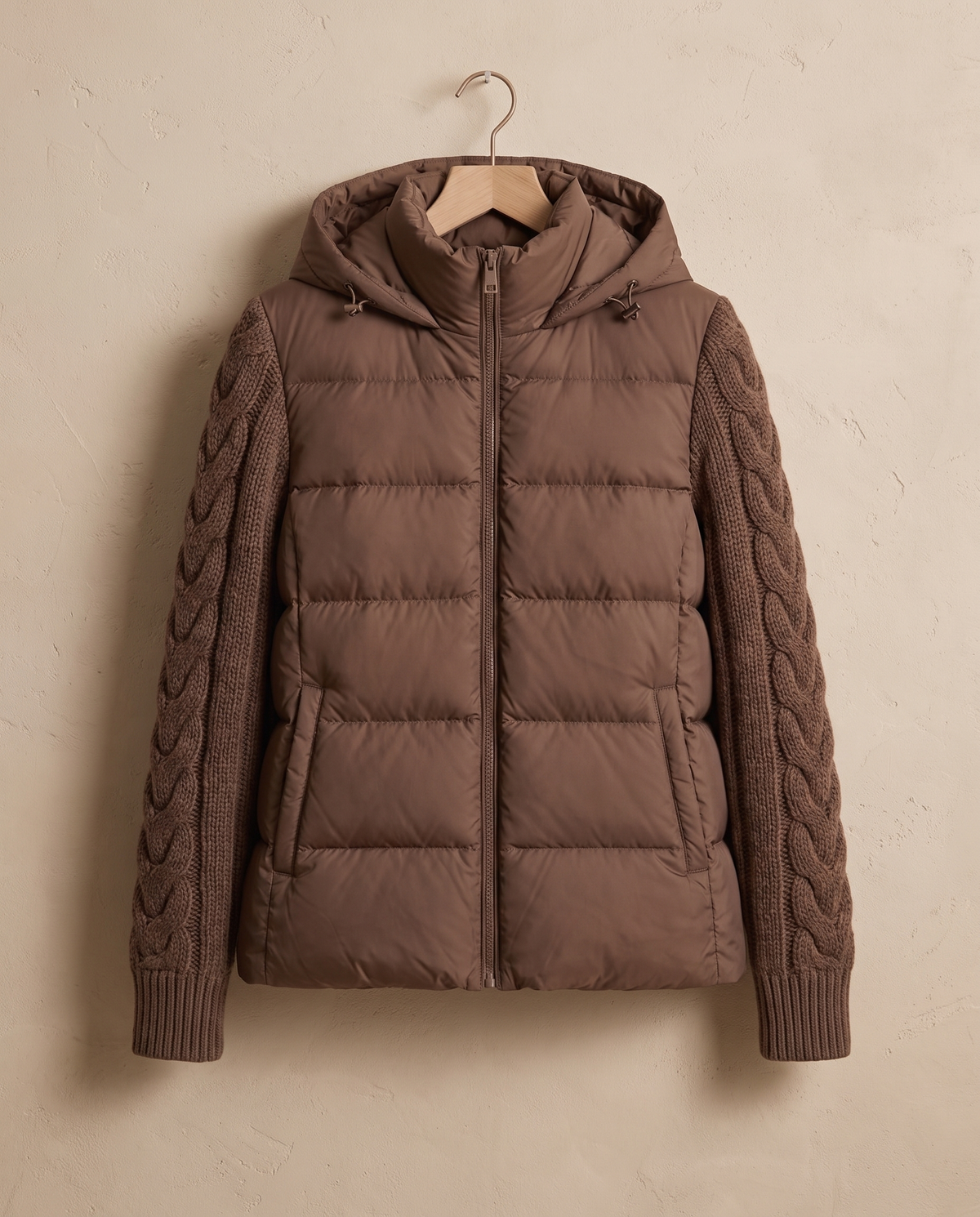 Down Puffer Jacket with Cable-Knit Sleeves — on hanger