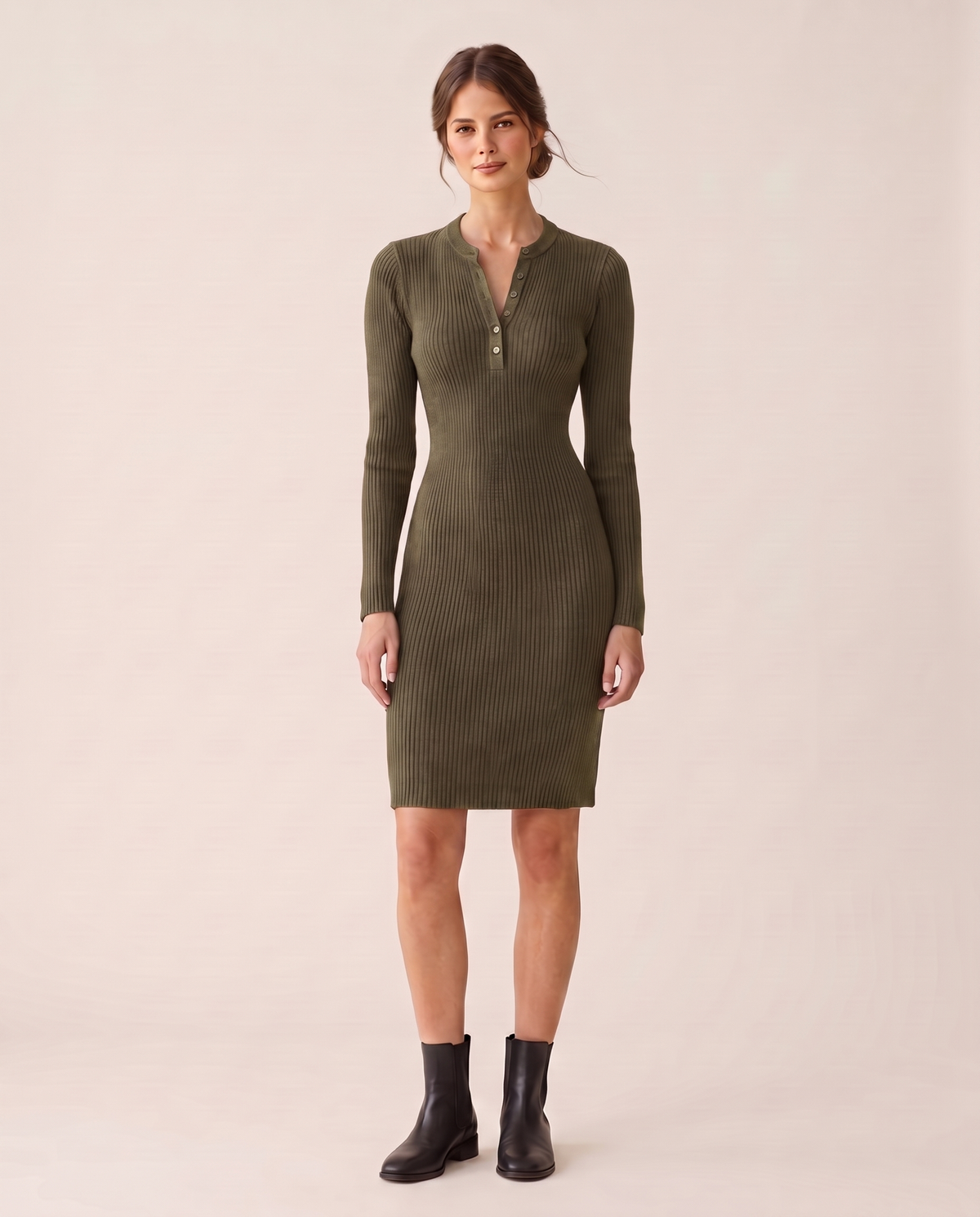 Alpine Cozy Ribbed Knit Sweater Dress — olive, studio front