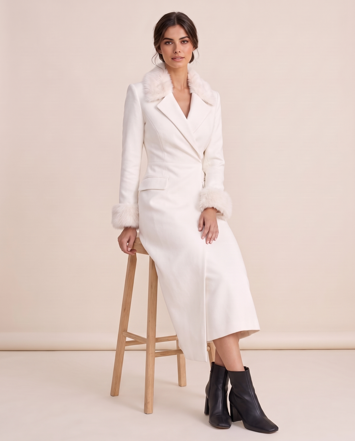 Zermatt Tailored Wrap-Front Faux Fur Trim Midi Dress — worn seated