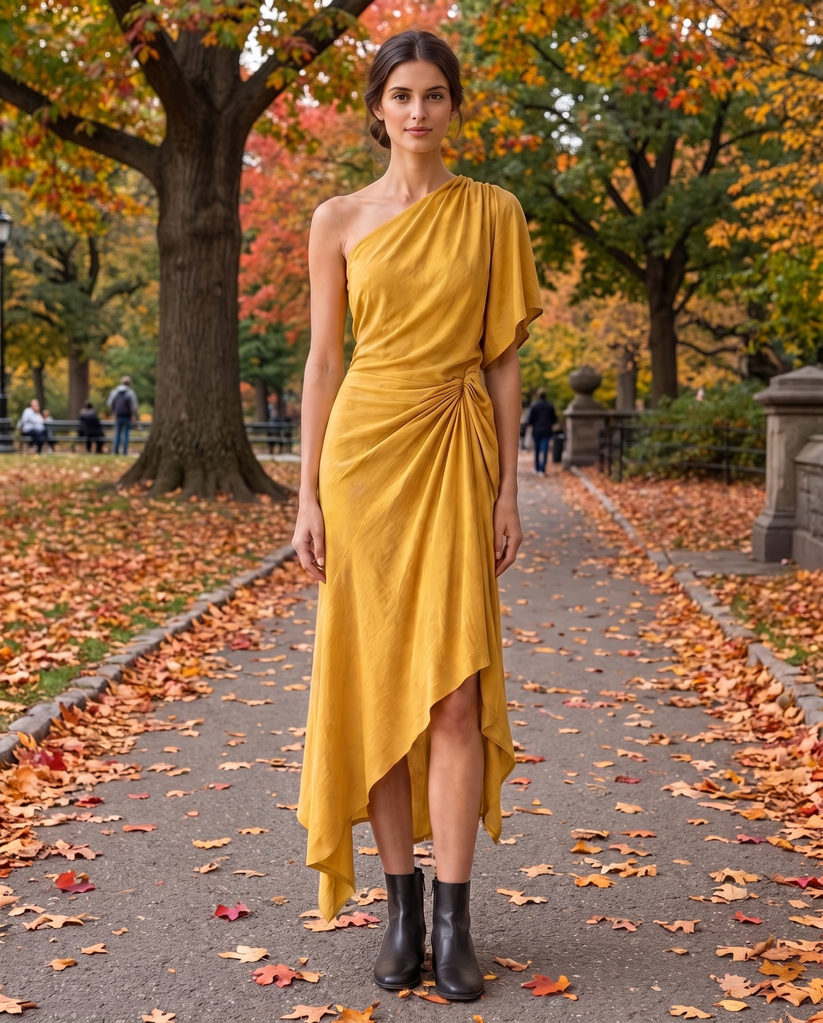 Tidewater Chic One-Shoulder Asymmetrical Hem Dress — worn in Central Park in autumn