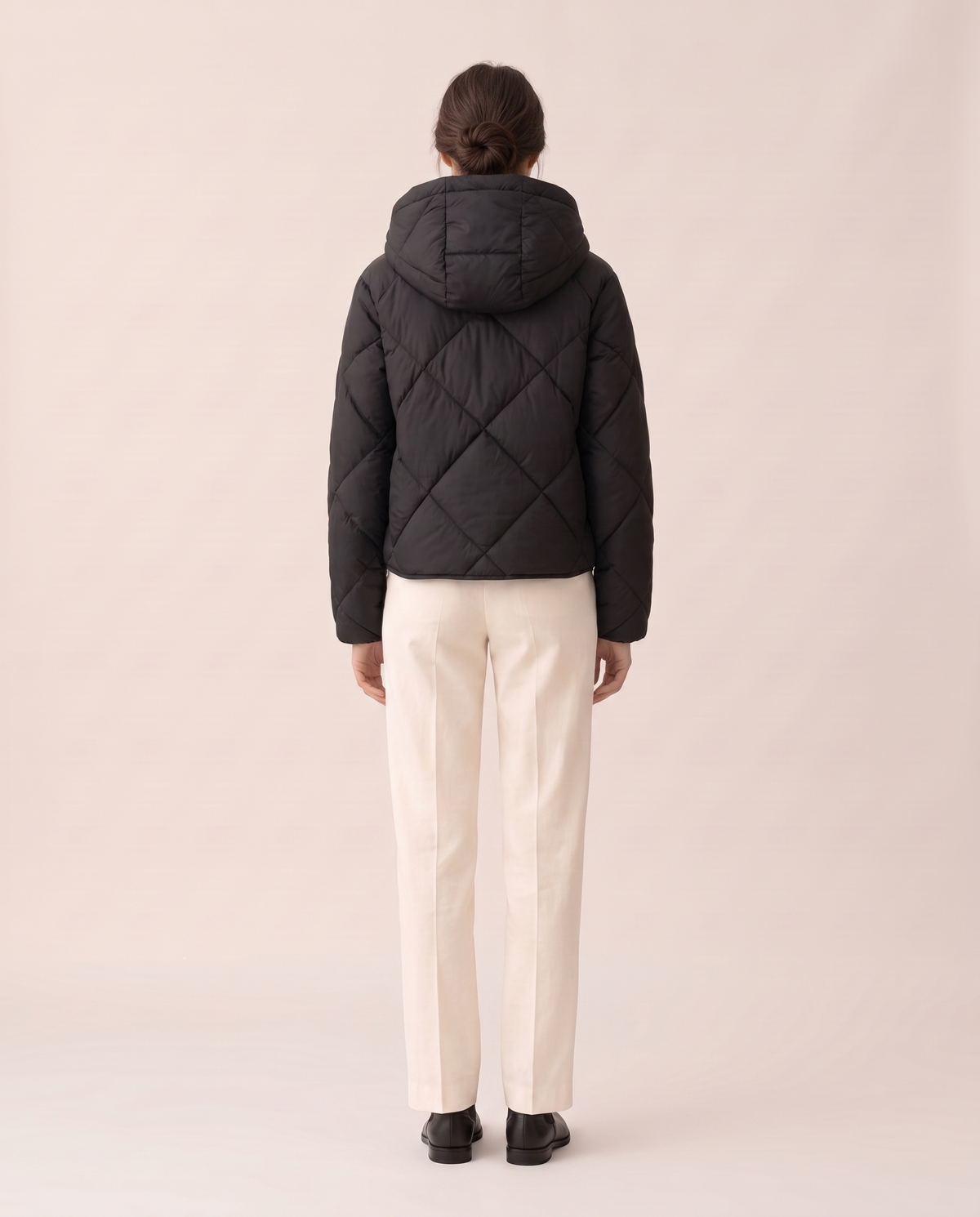 Cropped Puffer Jacket with Hood and Snaps — studio back
