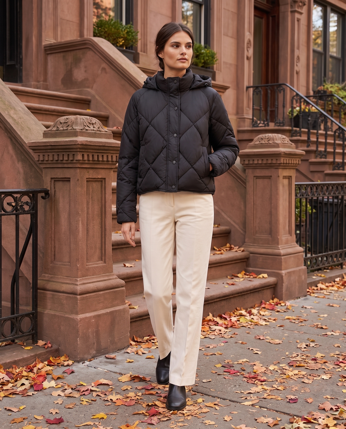Cropped Puffer Jacket with Hood and Snaps — worn on a New York street in autumn
