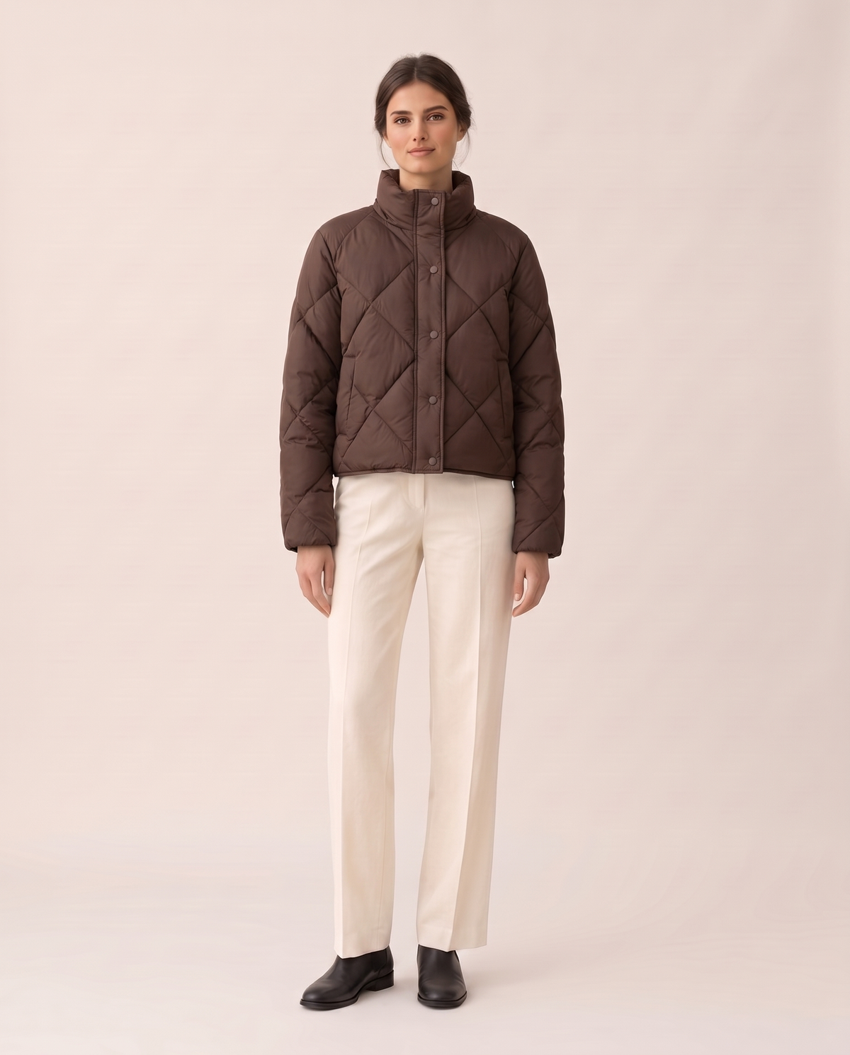 Cropped Puffer Jacket with Hood and Snaps — brown, studio front