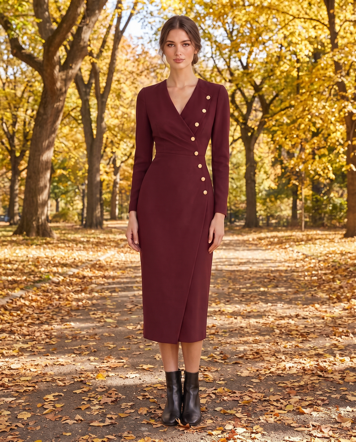 Stockholm Tailored Wrap-Front Buttoned Midi Dress — worn in Central Park in autumn