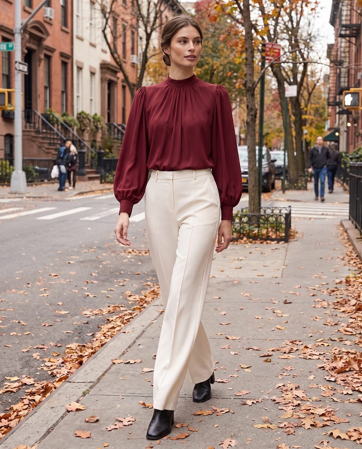 Covent Elegant Pleated Mock Neck Blouse — worn on a New York street in autumn