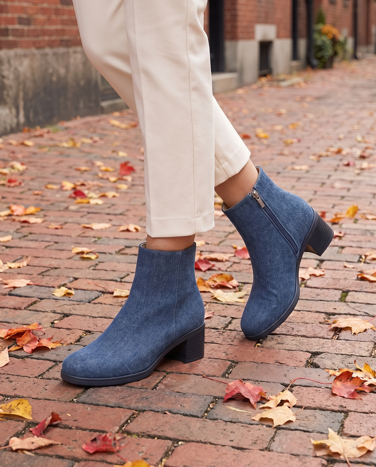 Orthopedic Denim Ankle Boots with Cushioned Sole — worn on a Boston street in autumn