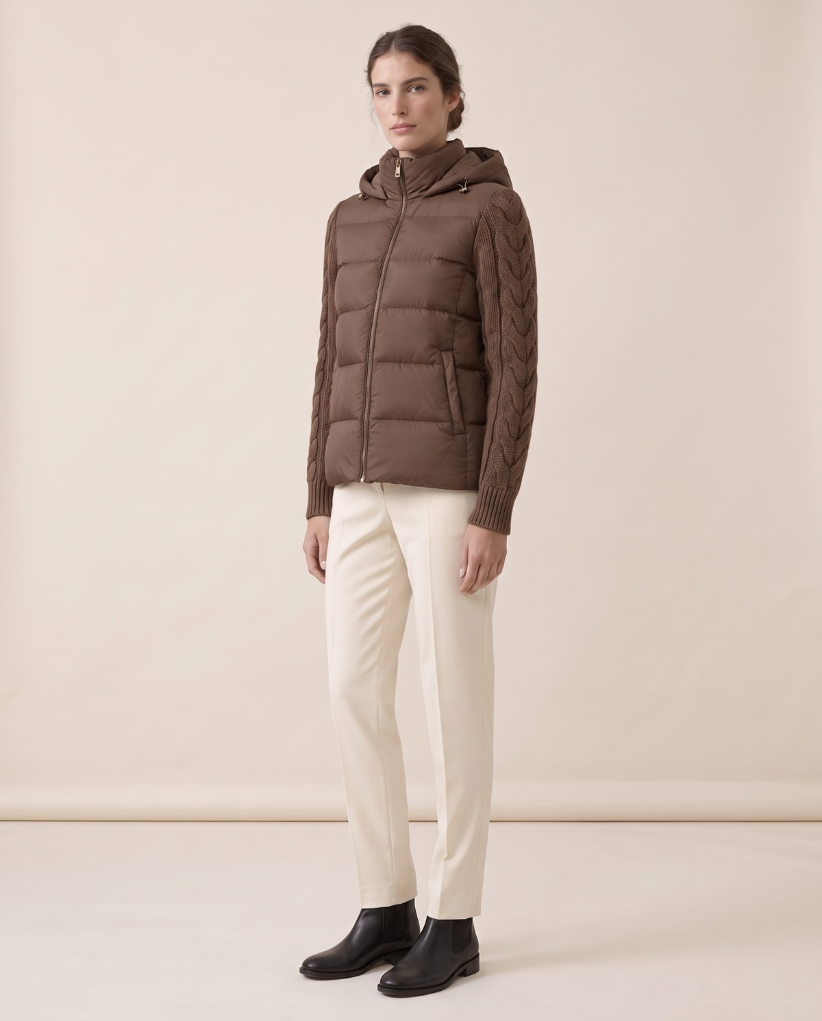 Down Puffer Jacket with Cable-Knit Sleeves — three-quarter view