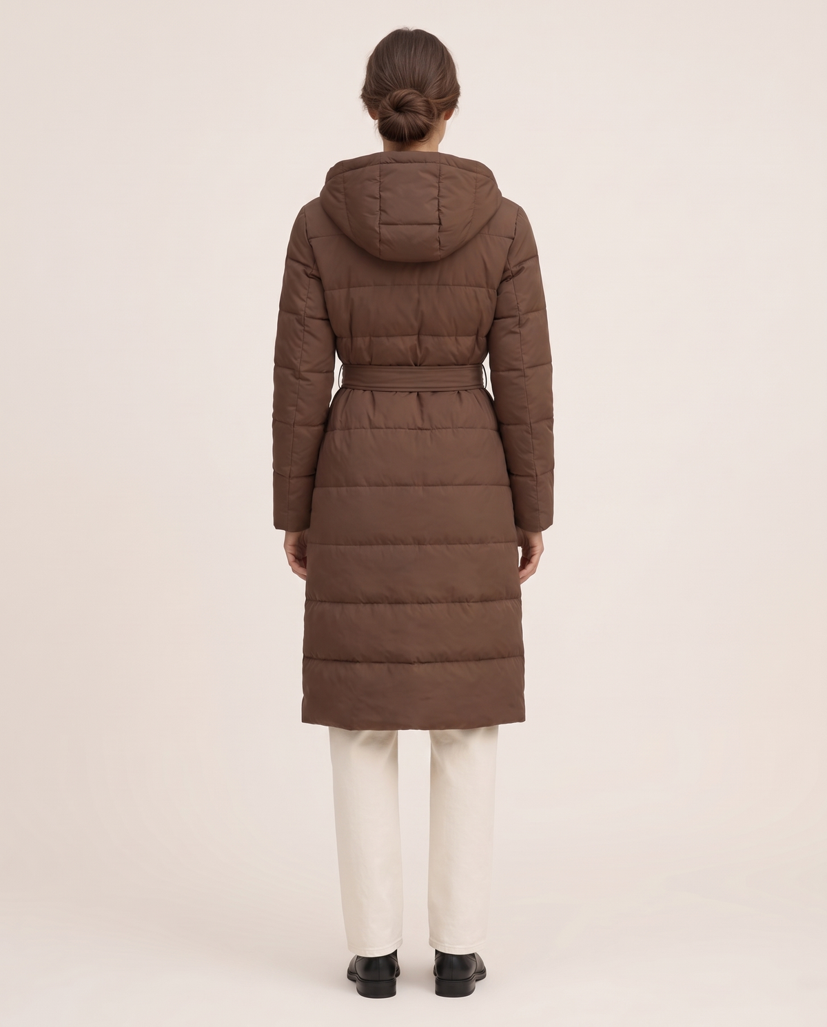 Long Belted Hooded Winter Coat — studio back