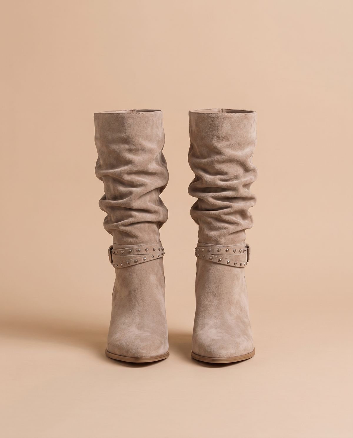 Slouchy Suede Mid-Calf Boots with Stud Strap — taupe, pair, studio