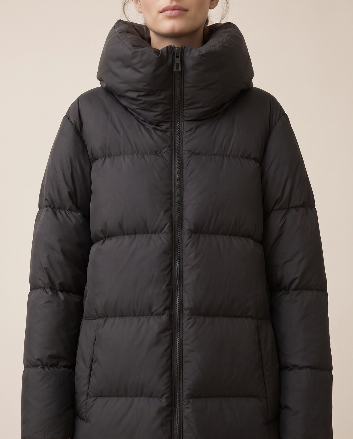 Long Puffer Coat with Oversized Collar — collar and baffles, worn