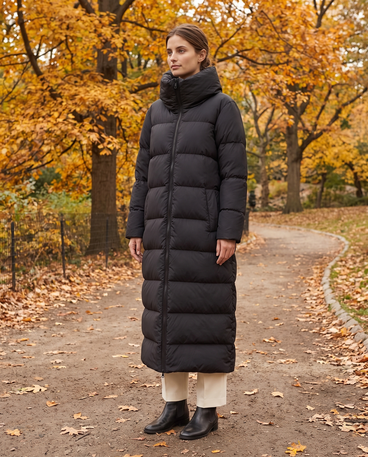 Long Puffer Coat with Oversized Collar — worn in Central Park in autumn