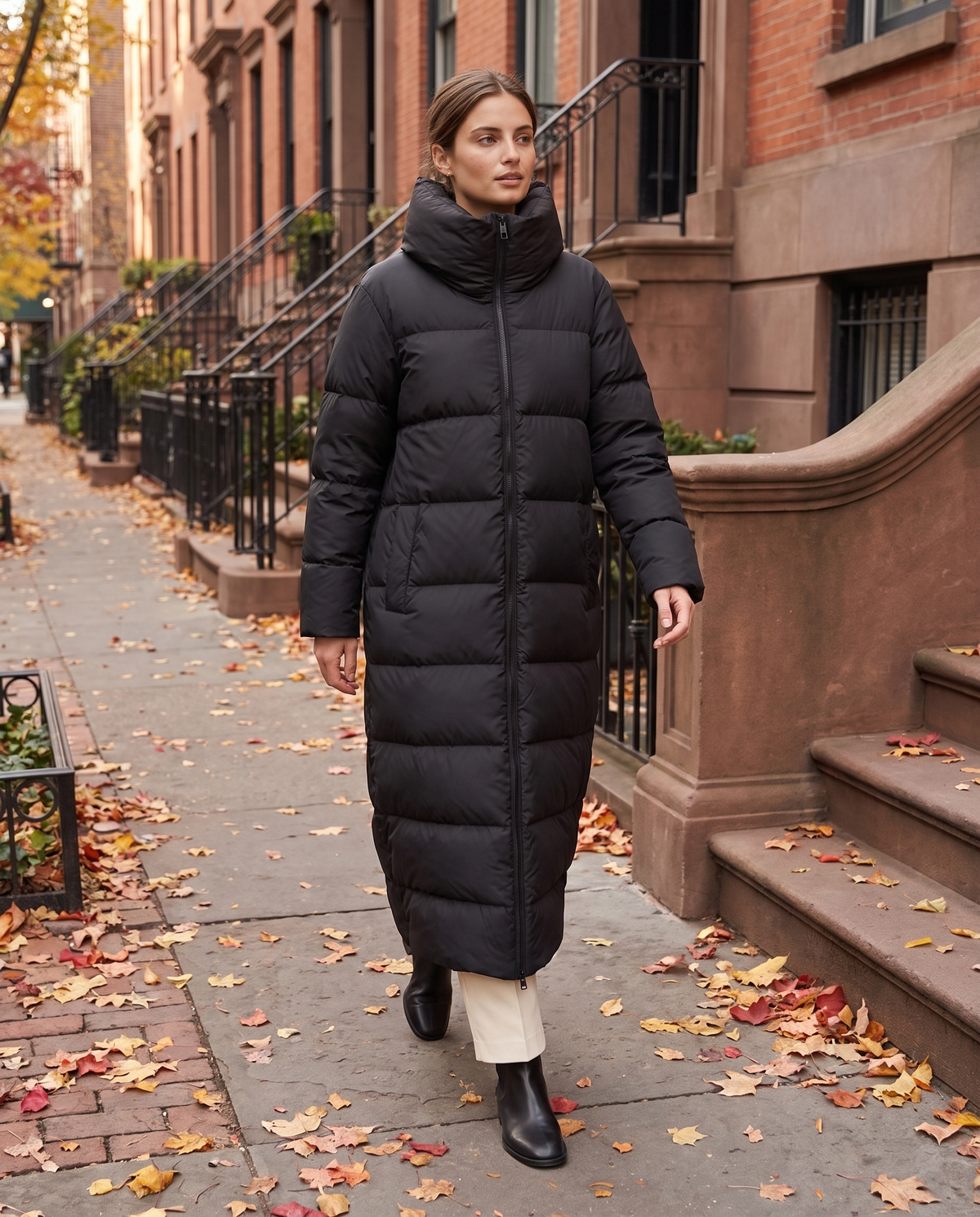 Long Puffer Coat with Oversized Collar — worn on a New York street in autumn