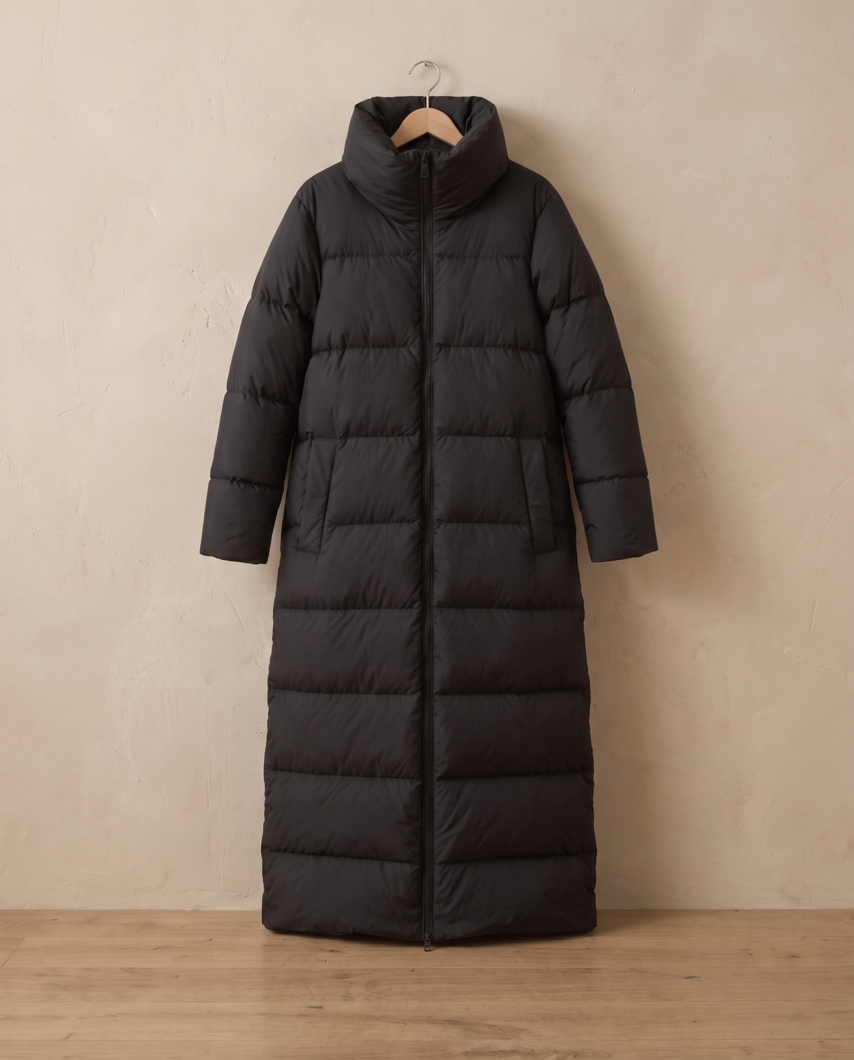 Long Puffer Coat with Oversized Collar — on hanger