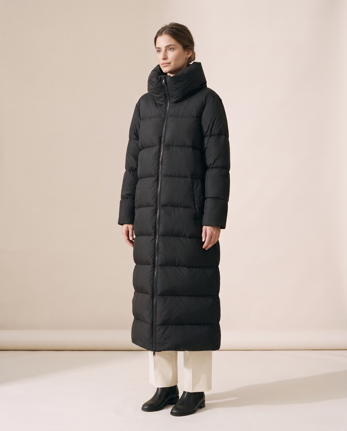 Long Puffer Coat with Oversized Collar — three-quarter view