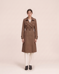Mid-Length Double-Breasted Belted Trench Coat — brown, studio front