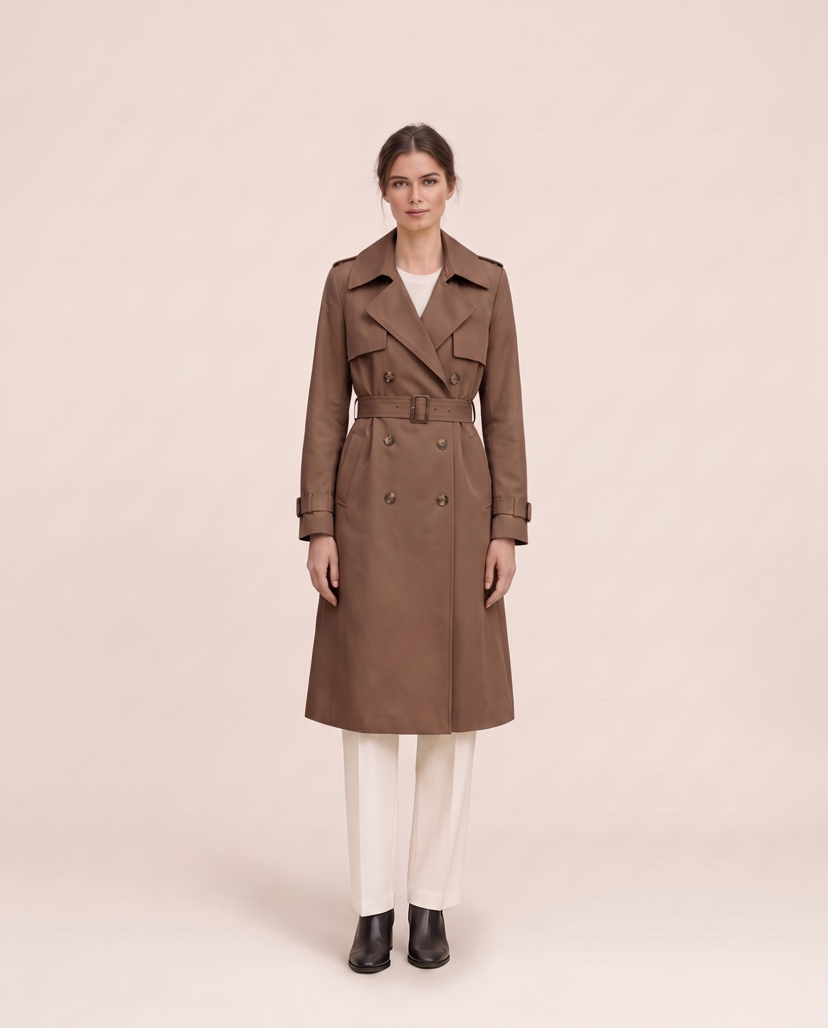 Mid-Length Double-Breasted Belted Trench Coat — brown, studio front