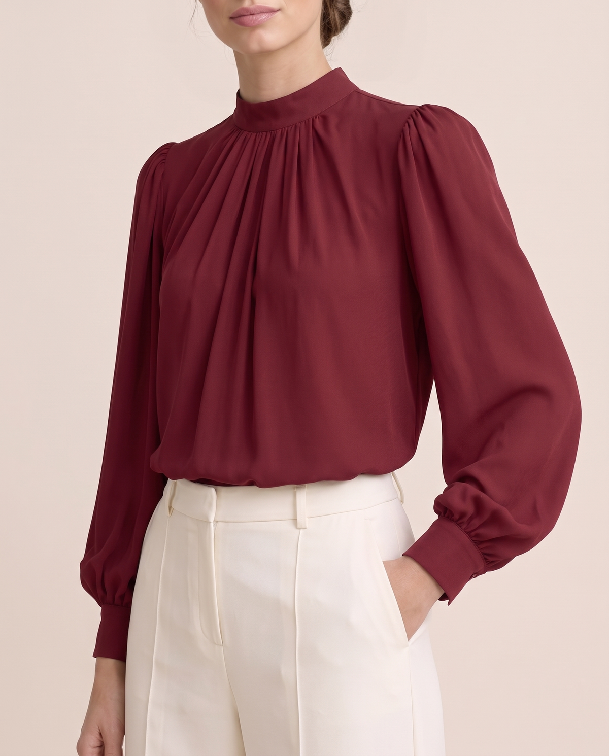 Covent Elegant Pleated Mock Neck Blouse — mock neck, pleats and puff sleeve close-up