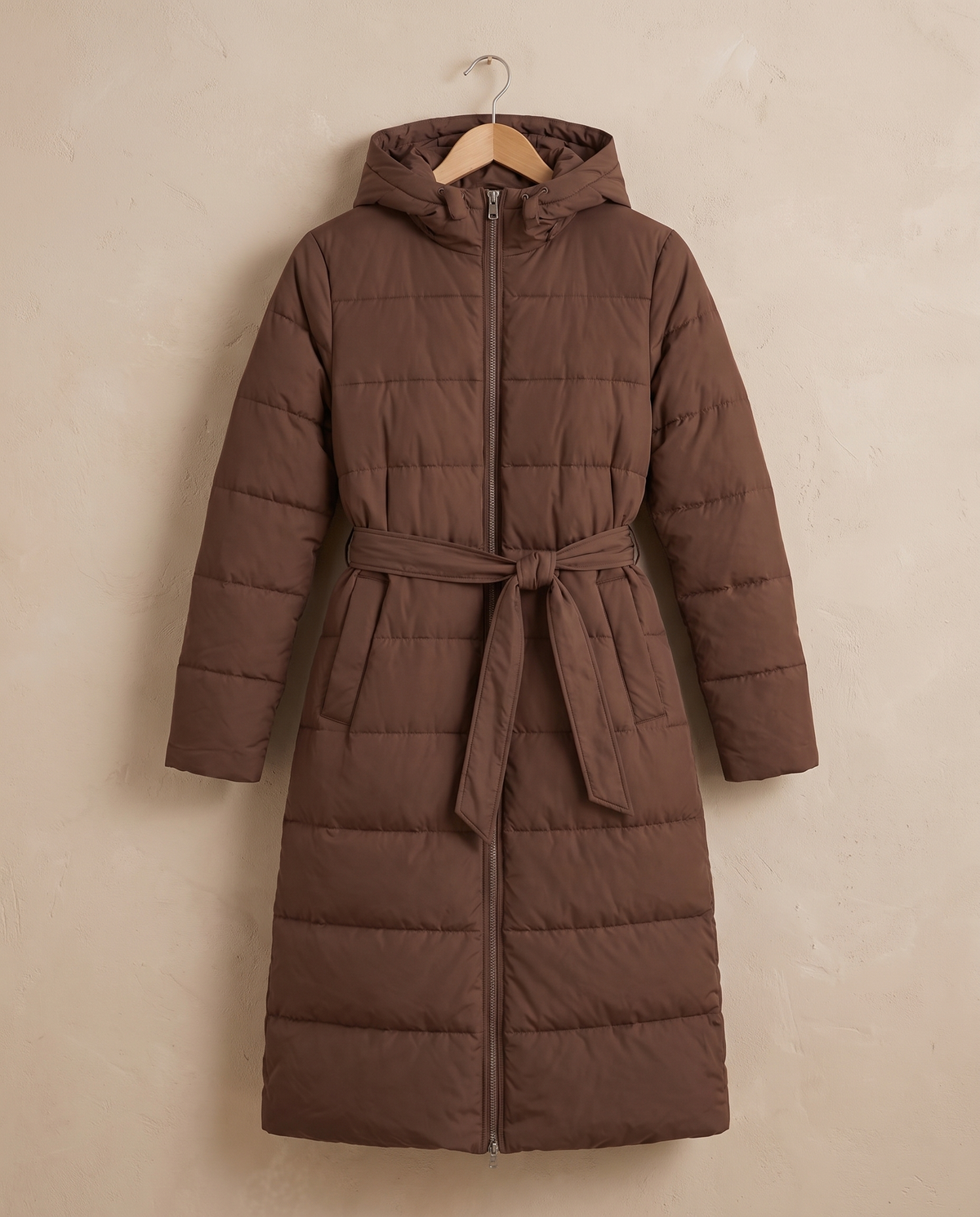 Long Belted Hooded Winter Coat — hood, belt and panel detail