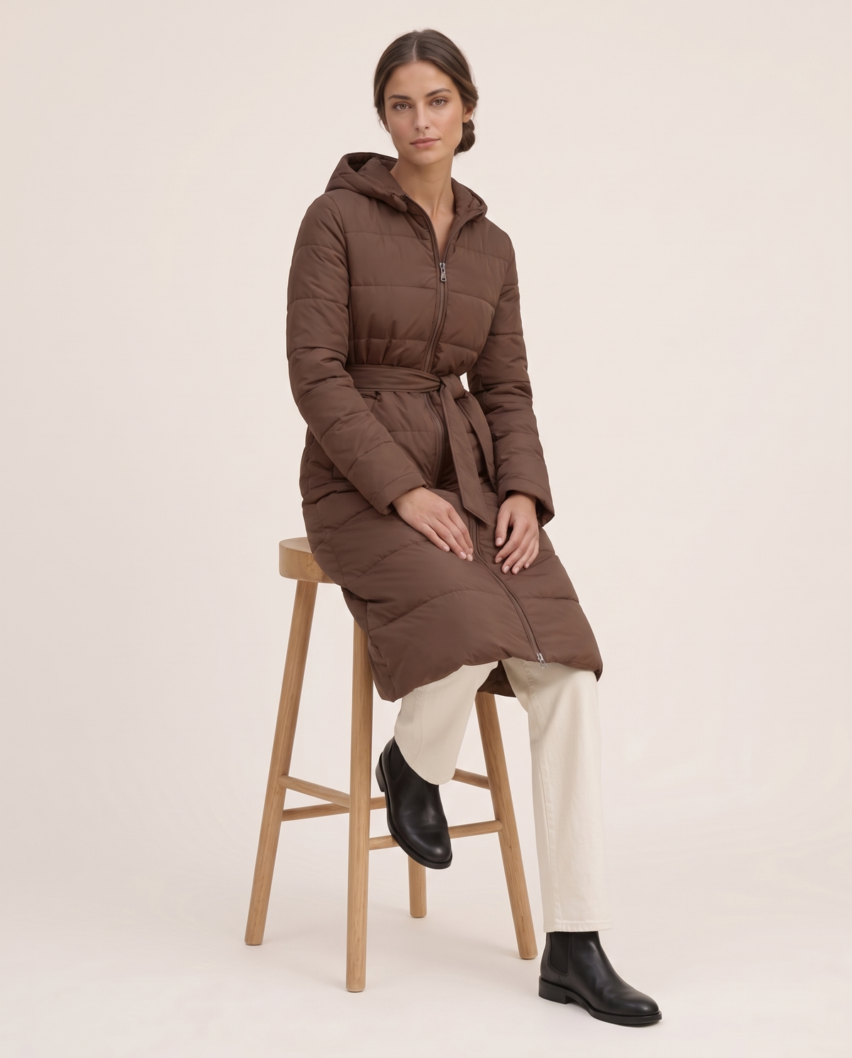 Long Belted Hooded Winter Coat — worn seated
