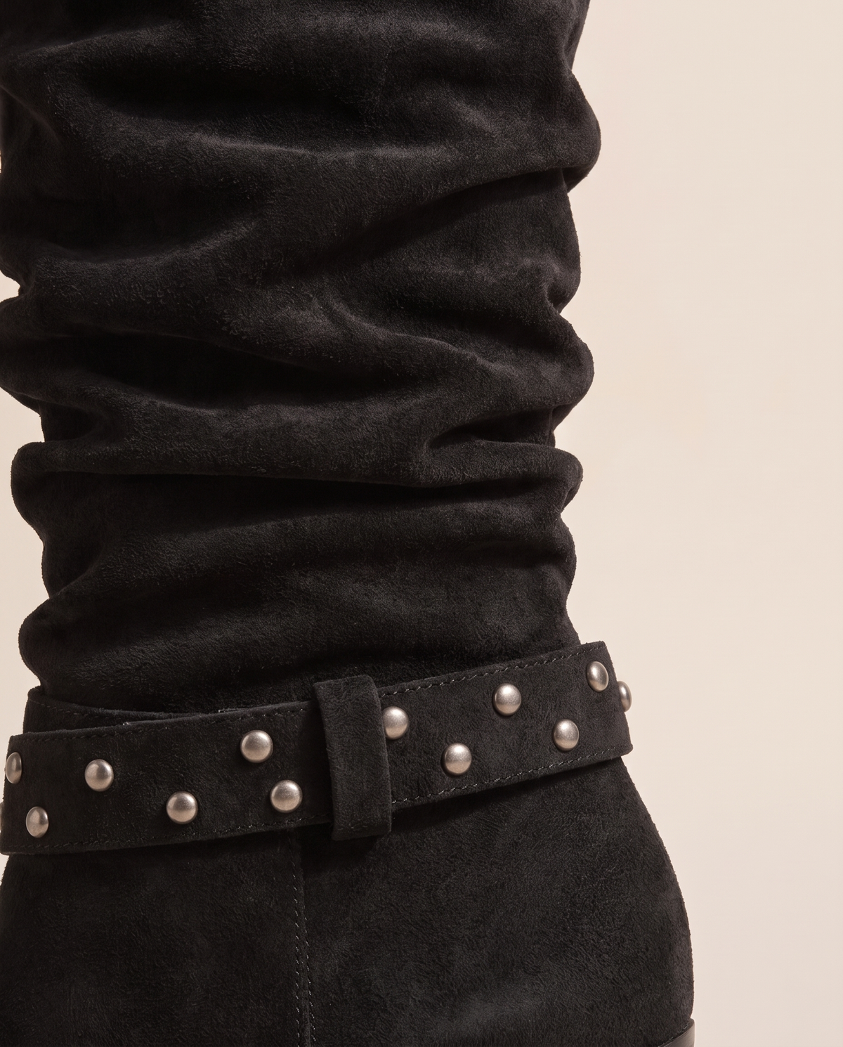 Slouchy Suede Mid-Calf Boots with Stud Strap — studded strap detail