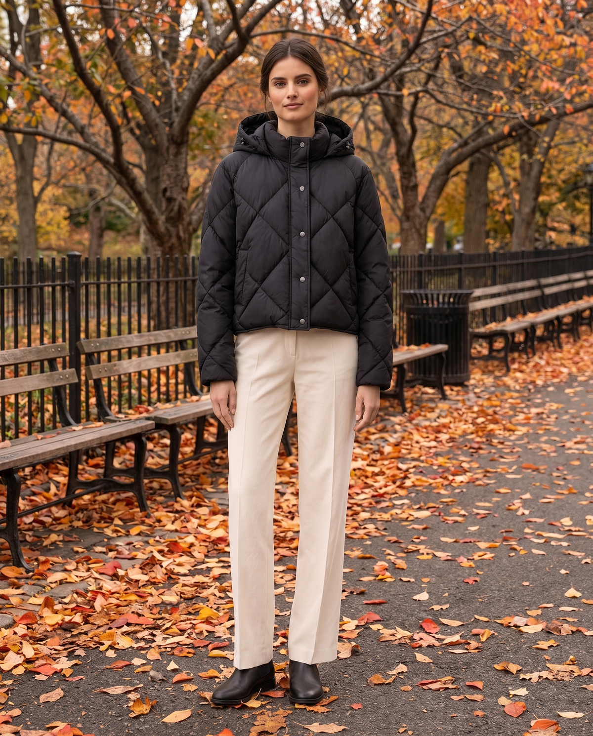 Cropped Puffer Jacket with Hood and Snaps — worn in Central Park in autumn