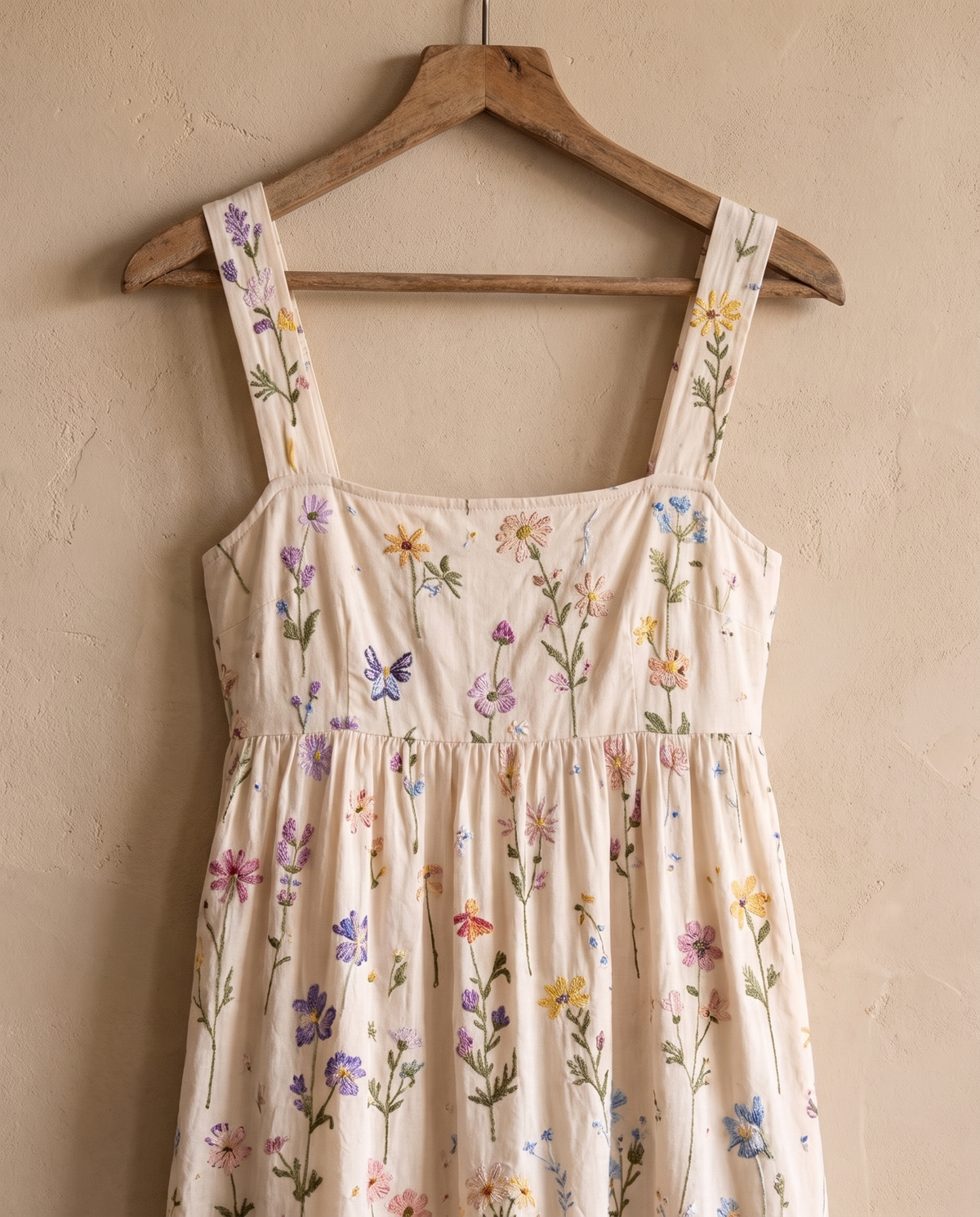 Sitka Relaxed Wildflower-Embroidered Tiered Midi Dress — embroidered bodice on hanger