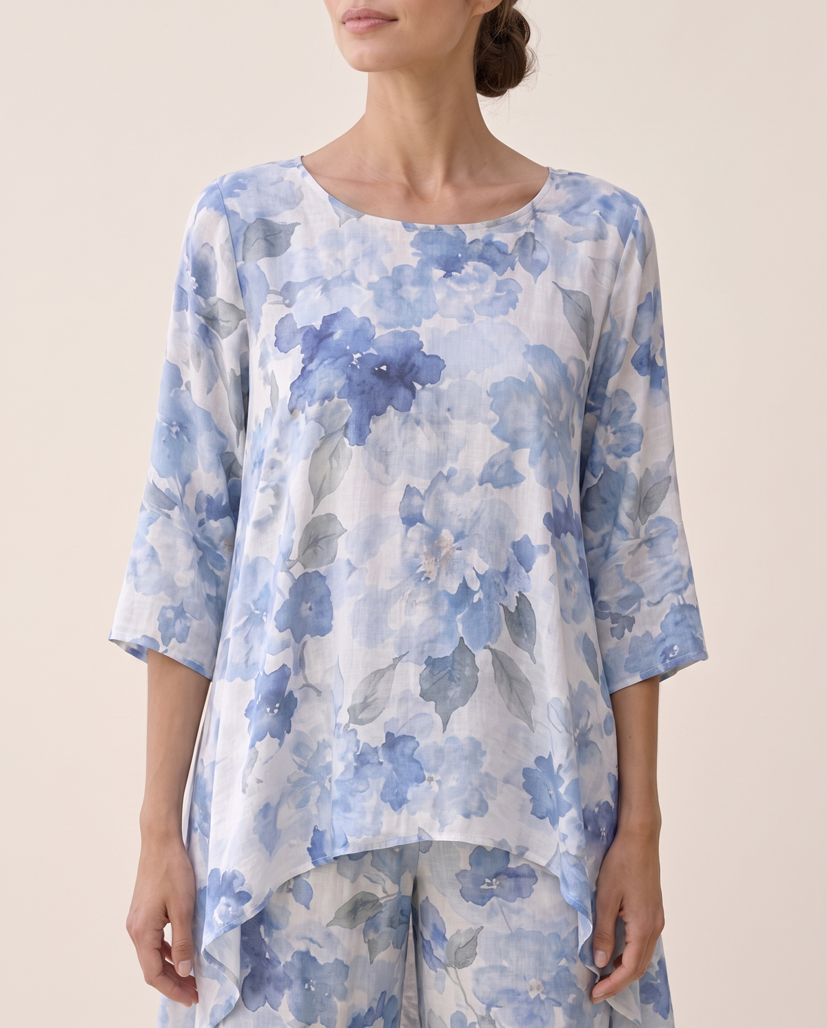 Bayfield Flowy Asymmetric Tunic and Pants Set — watercolor print detail