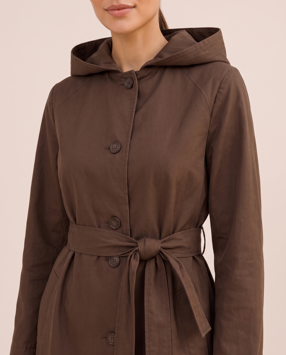 Hooded Single-Breasted Trench Coat — hood and front, worn