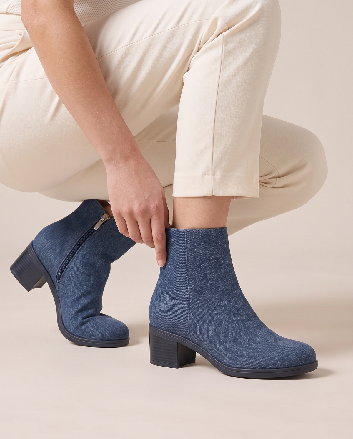 Orthopedic Denim Ankle Boots with Cushioned Sole — worn, crouching