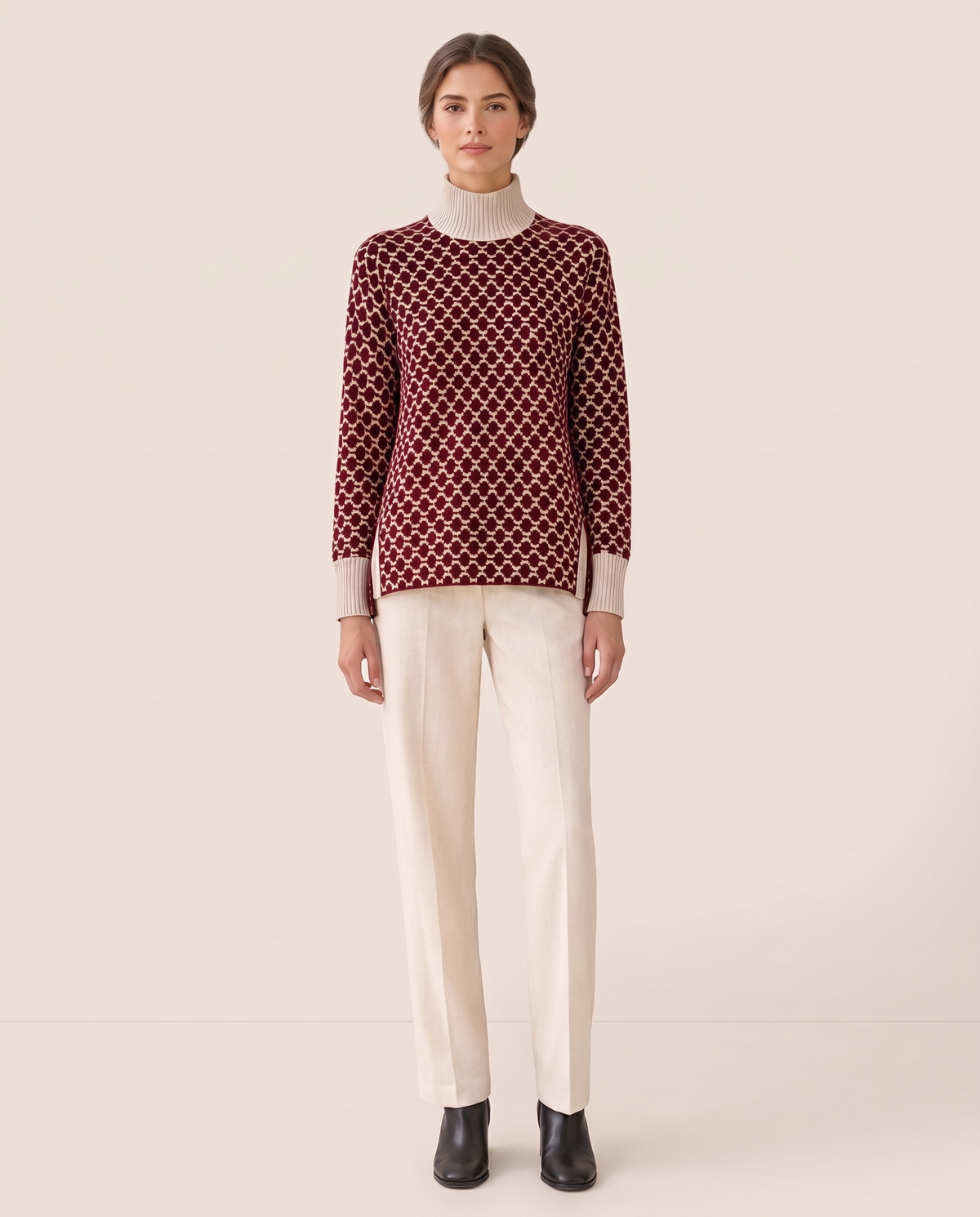 Sunstone Chic Patterned Stand-Collar Sweater — red, studio front