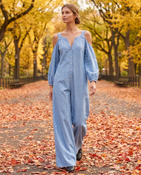 Ashland Relaxed Cold-Shoulder Wide-Leg Jumpsuit — worn in Central Park in autumn