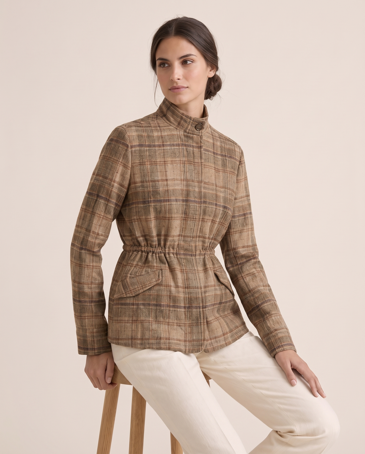 Vintage Plaid Waist-Cinched Jacket — worn seated