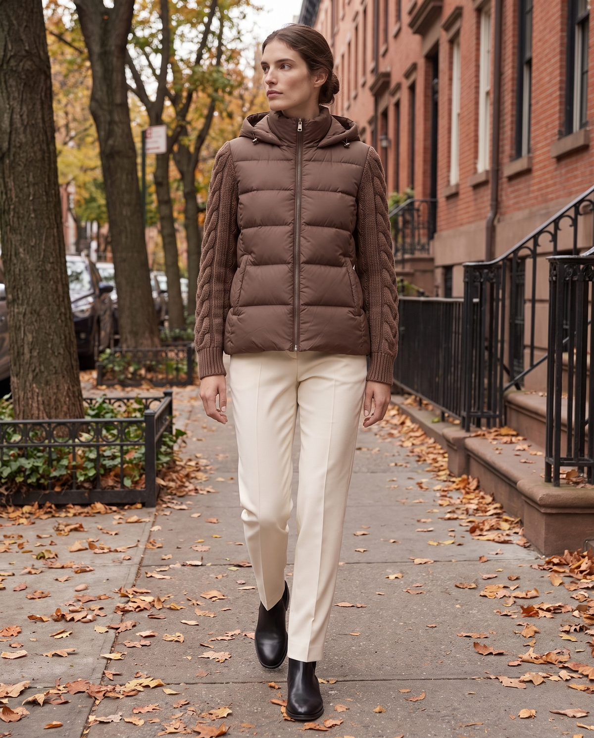 Down Puffer Jacket with Cable-Knit Sleeves — worn on a New York street in autumn