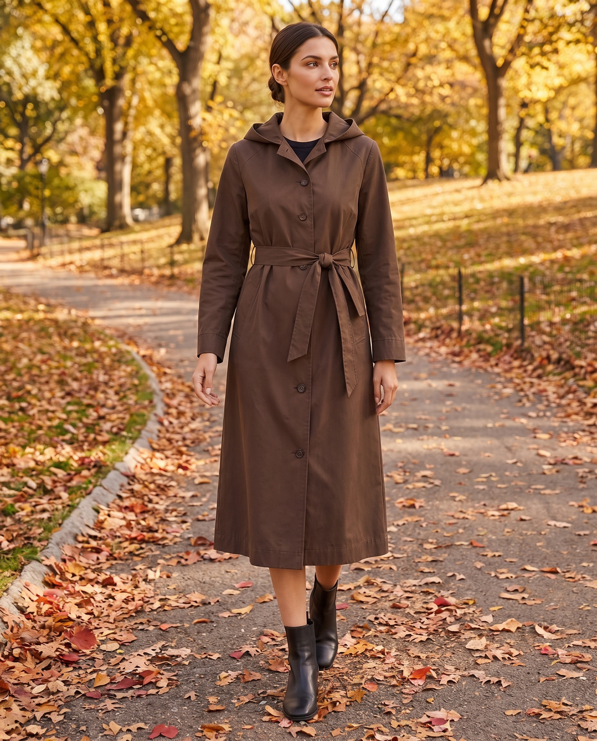 Hooded Single-Breasted Trench Coat — worn in Central Park in autumn