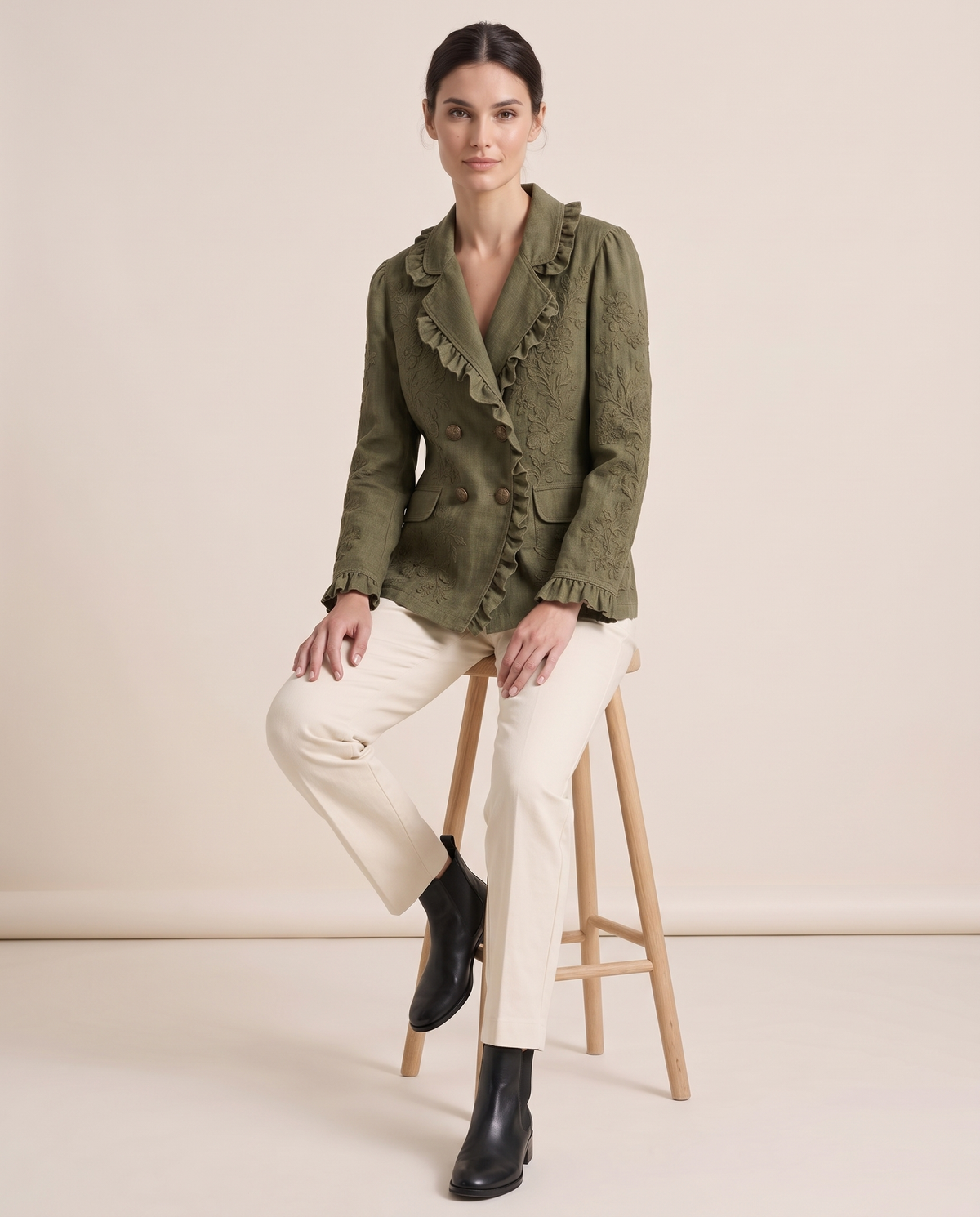Floral Embroidered Utility Jacket with Ruffle Trim — worn seated