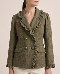 Floral Embroidered Utility Jacket with Ruffle Trim — ruffles and embroidery, worn
