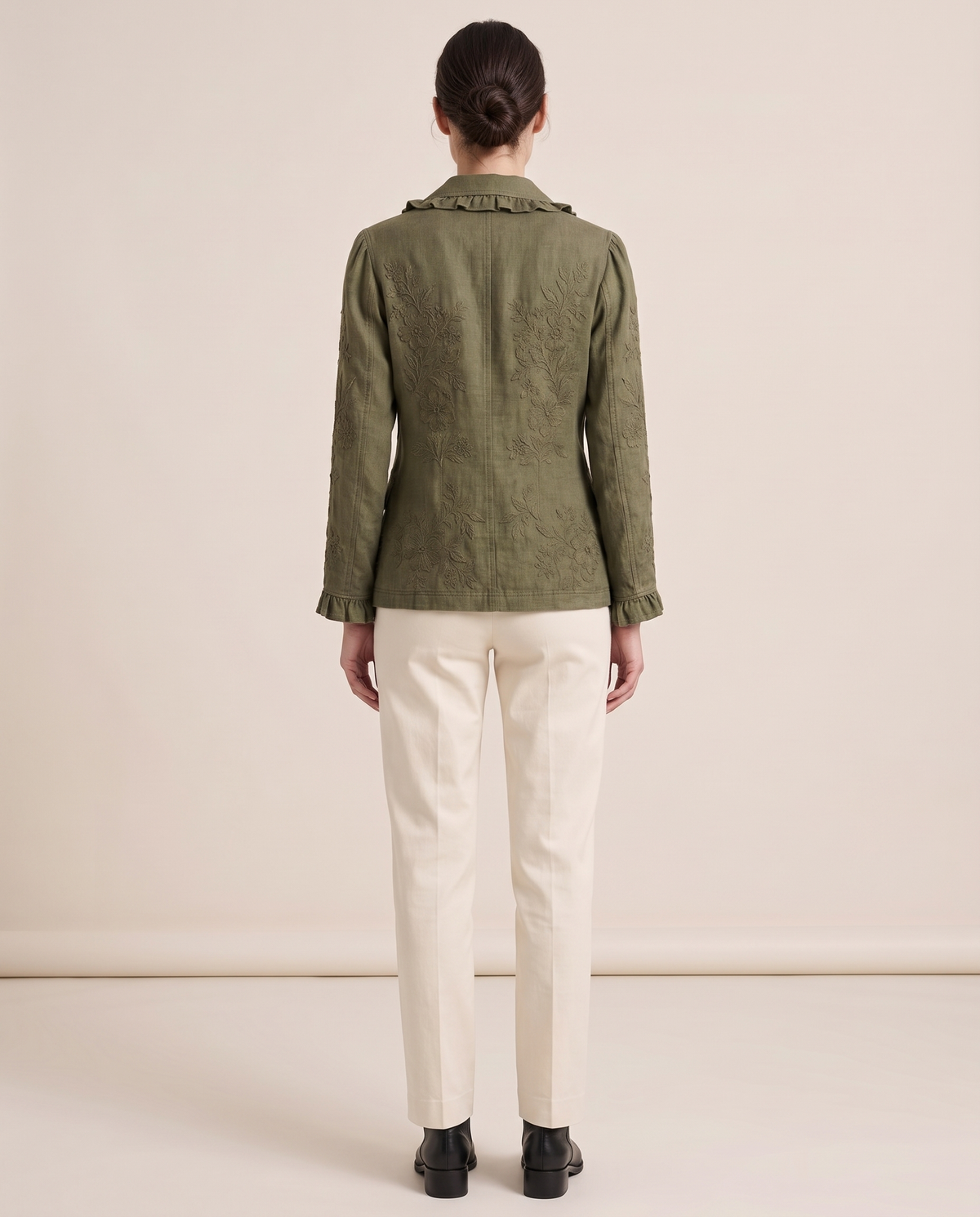 Floral Embroidered Utility Jacket with Ruffle Trim — studio back