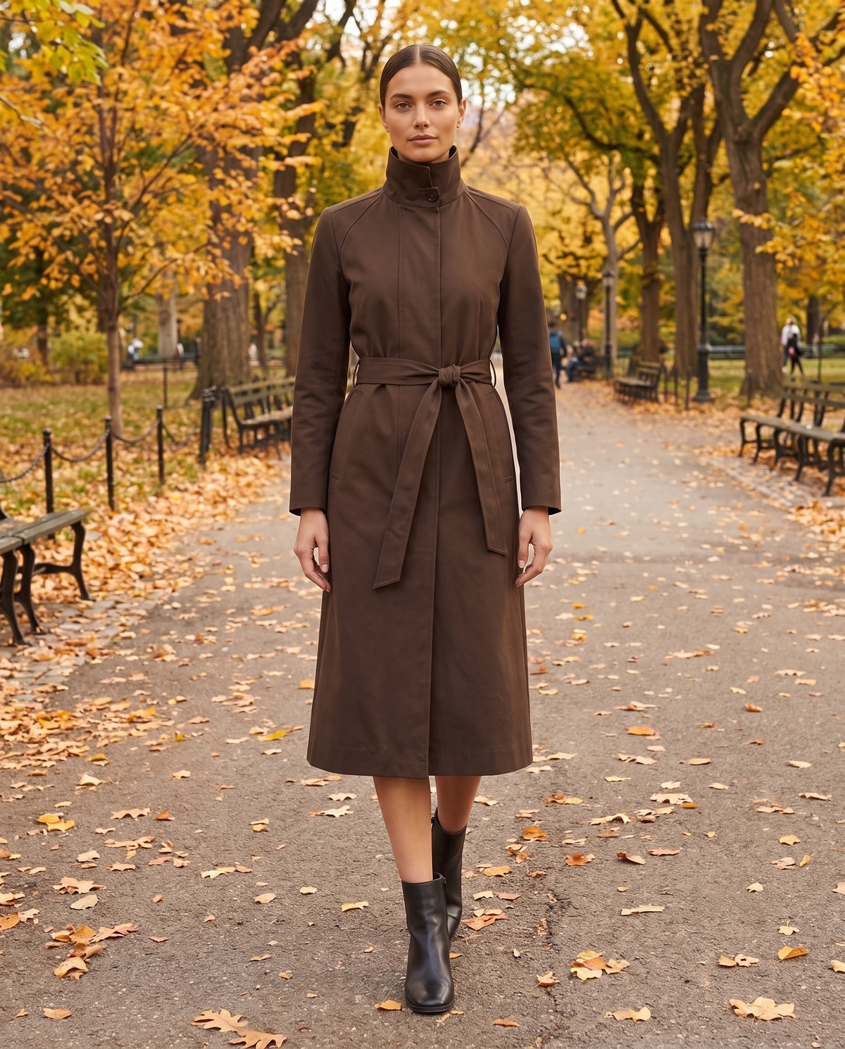 Stand-Collar Trench Coat for Women — worn in Central Park in autumn