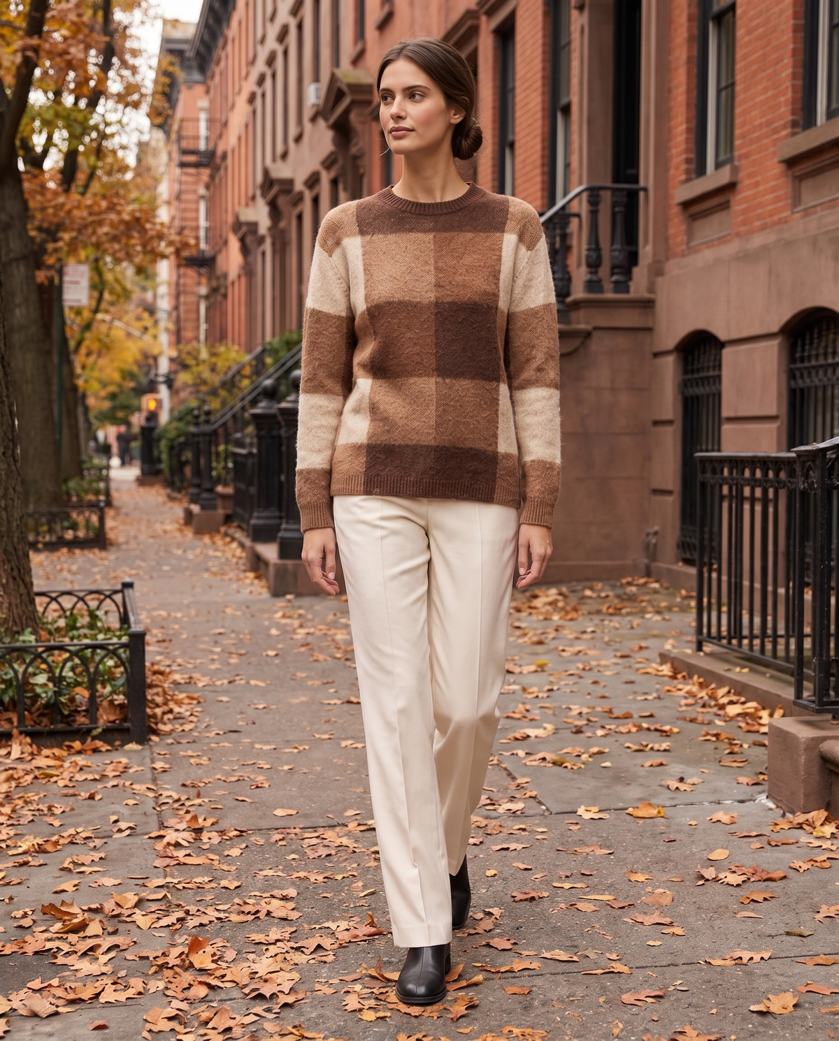 Foxhollow Relaxed Plaid Crew Neck Sweater — worn on a New York street in autumn